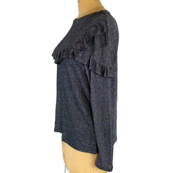 Zara Black/Silver Metallic Ruffled Detail Lightweight Sweater Size M - Picture 3 of 7